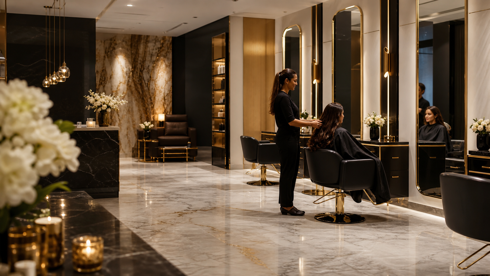 Luxury black, white and gold salon interior at Stylette Elegance